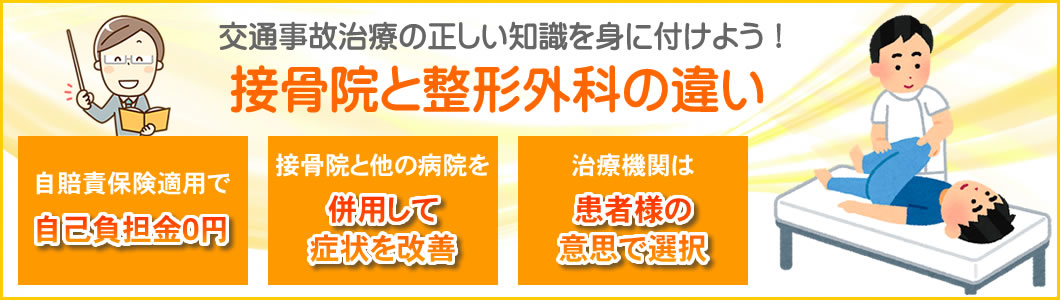 交通事故治療の正しい知識を身に付けよう!接骨院と整形外科の違い/自賠責保険適用で自己負担金0円・接骨院と他の病院を併用して症状を改善・治療期間は患者様の意思で選択
